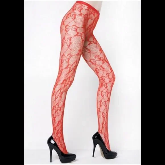 Red Fishnet Floral Stockings - Picture 1 of 1